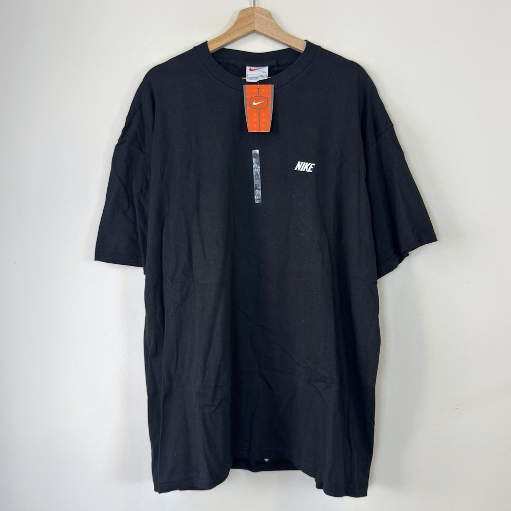 Vintage 90's Nike NWT Spellout Embroidered Logo RARE Black Tee Shirt - XL